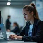 Jeune femme en laboratoire d'université travaillant sur un ordinateur quantique