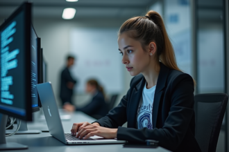 Jeune femme en laboratoire d'université travaillant sur un ordinateur quantique