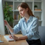 Jeune femme en bureau moderne mesurant un écran d'ordinateur