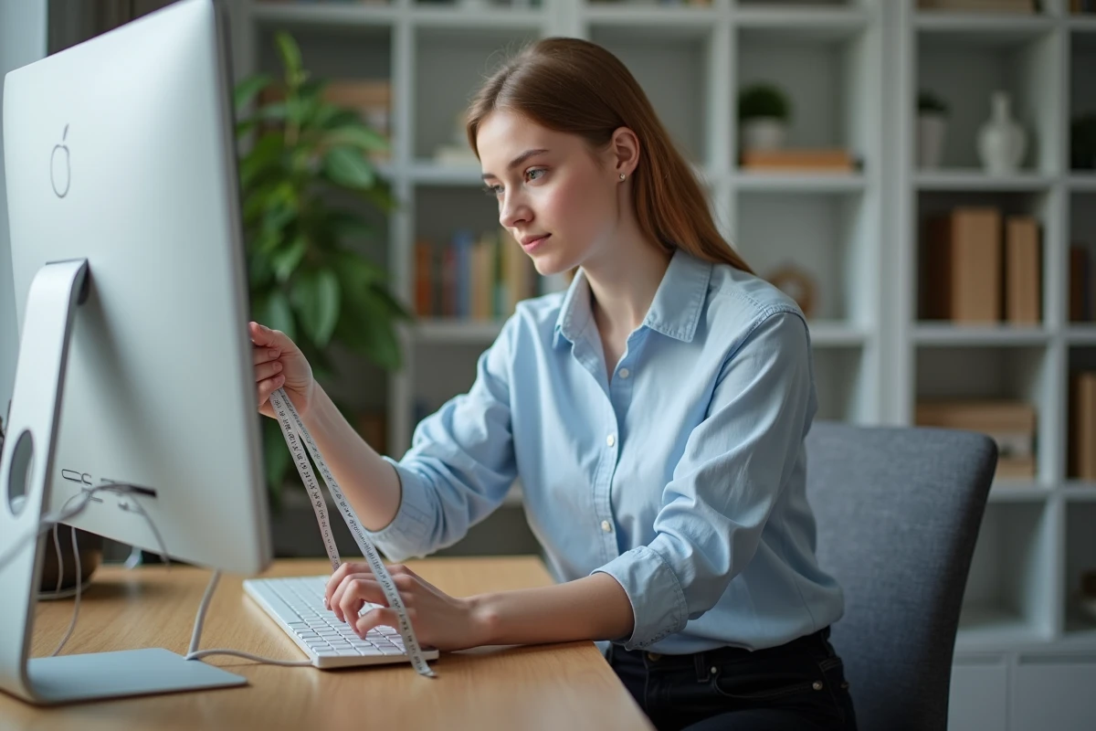 Jeune femme en bureau moderne mesurant un écran d'ordinateur