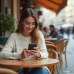Jeune femme souriante avec smartphone dans un café parisien