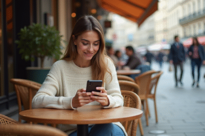 Jeune femme souriante avec smartphone dans un café parisien