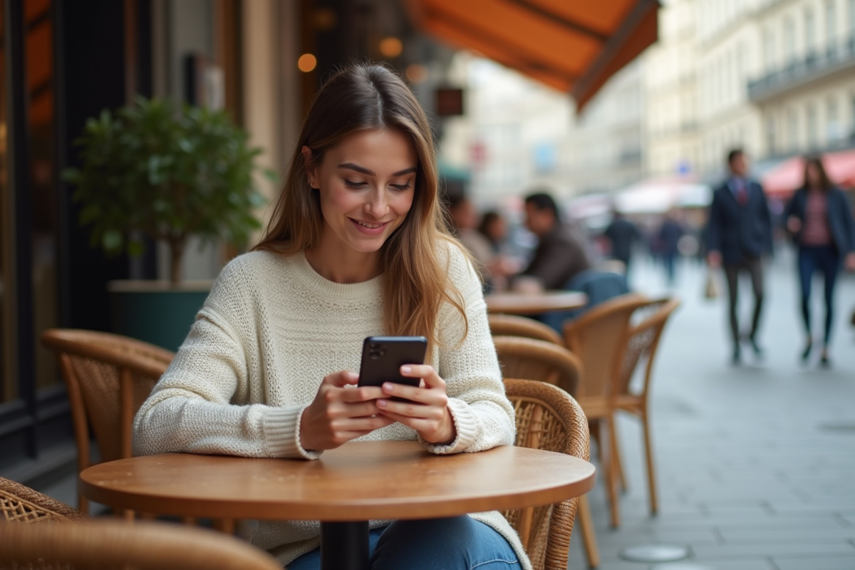 Jeune femme souriante avec smartphone dans un café parisien