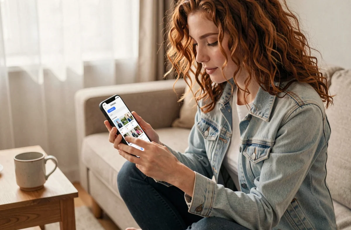 Jeune femme vérifiant ses photos sauvegardées sur Samsung Cloud depuis son canapé avec son smartphone