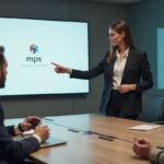 Jeune femme en réunion professionnelle présentant un slide