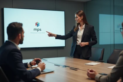 Jeune femme en réunion professionnelle présentant un slide