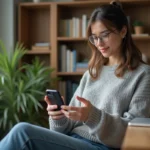 Jeune femme avec smartphone dans un appartement cosy