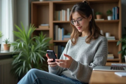 Jeune femme avec smartphone dans un appartement cosy