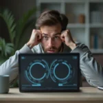 Jeune homme anxieux au bureau avec ordinateur