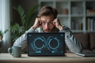 Jeune homme anxieux au bureau avec ordinateur