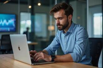 Jeune homme professionnel connectant un disque dur à son ordinateur