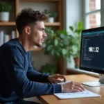 Jeune homme en bureau home office regardant un écran réseau