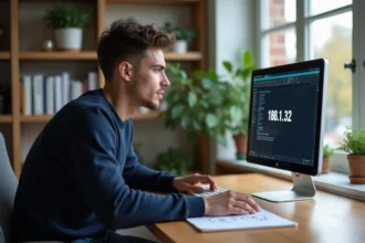 Jeune homme en bureau home office regardant un écran réseau