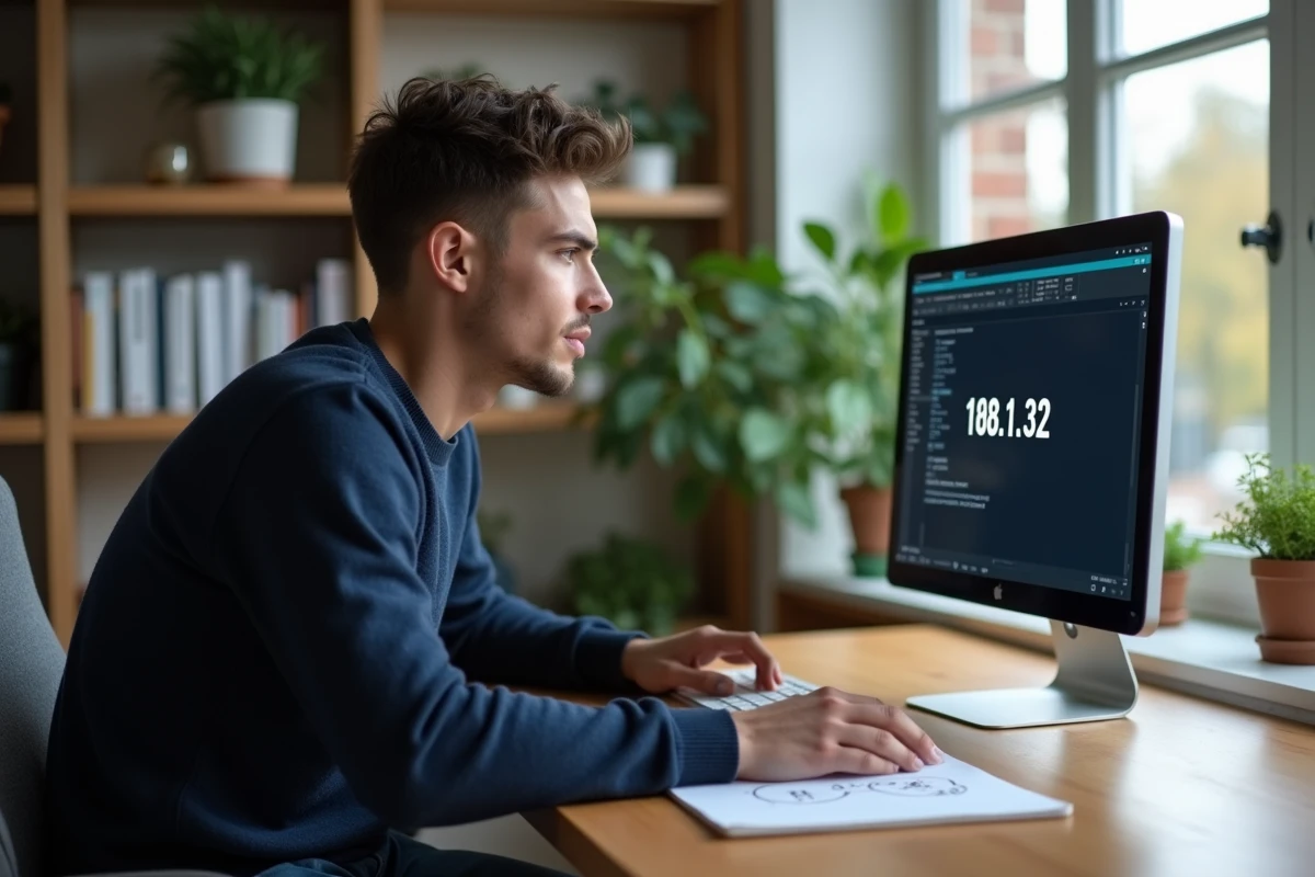 Jeune homme en bureau home office regardant un écran réseau
