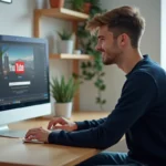Jeune homme souriant utilisant un ordinateur pour YouTube Converter