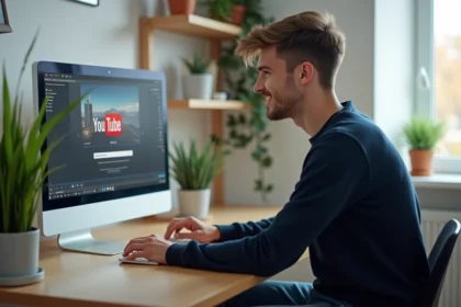 Jeune homme souriant utilisant un ordinateur pour YouTube Converter