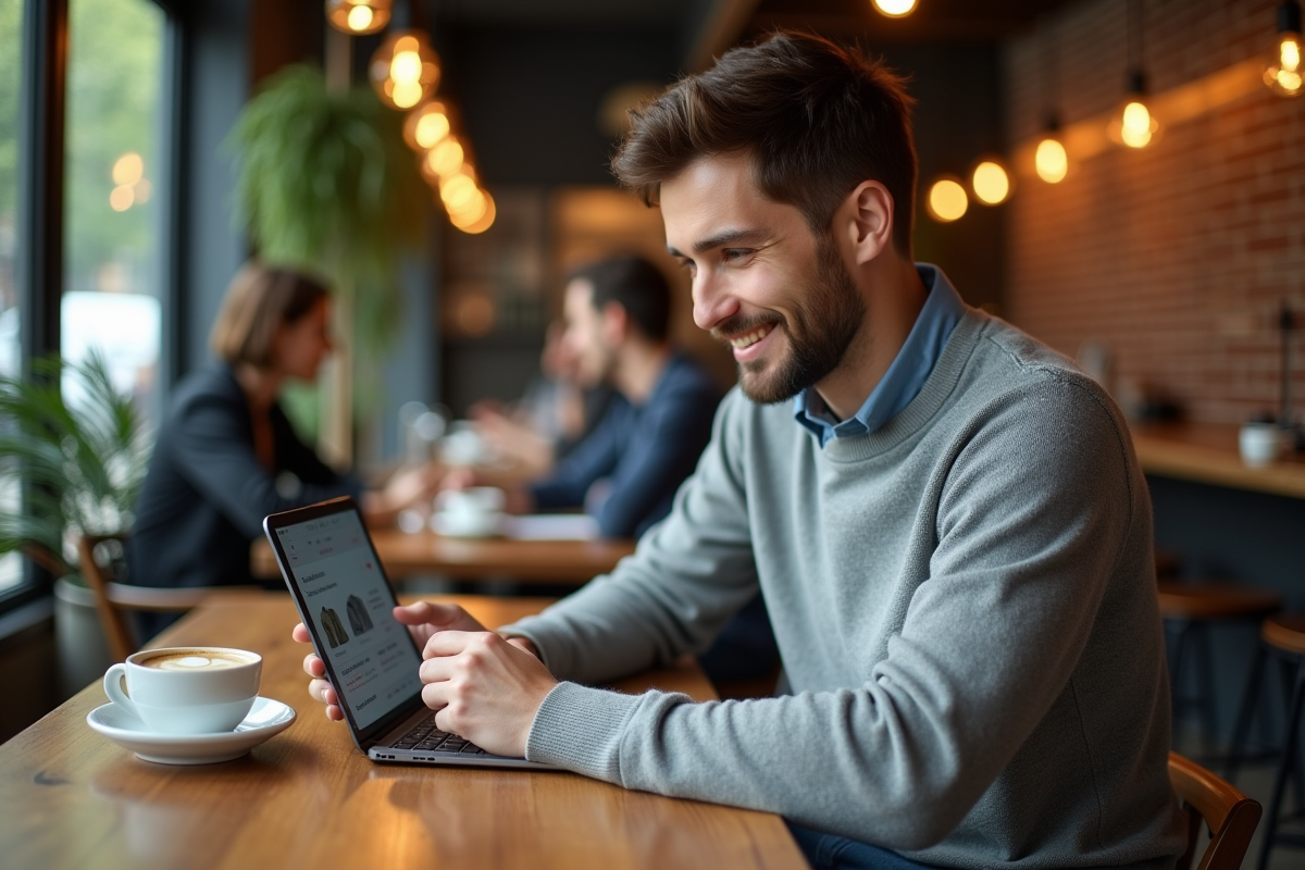 Jeune homme travaillant sur une tablette dans un café urbain