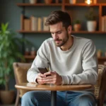 Jeune homme dans un café moderne examine son smartphone