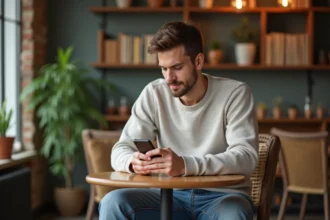 Jeune homme dans un café moderne examine son smartphone