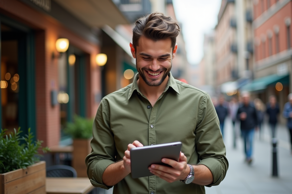 Jeune homme en extérieur analysant des graphiques sur une tablette