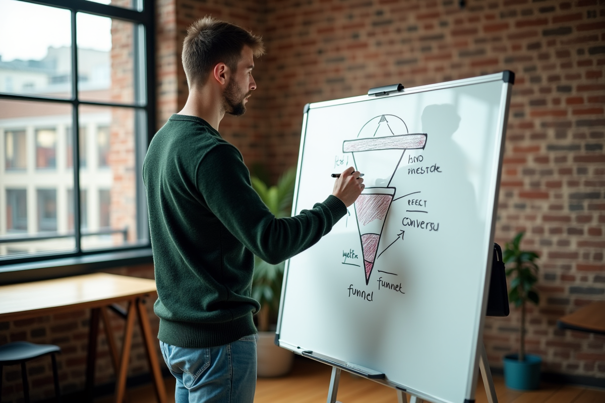 Jeune homme esquissant un diagramme de conversion sur whiteboard