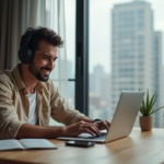 Jeune homme en détente écoute musique sur son ordinateur