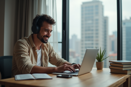 Jeune homme en détente écoute musique sur son ordinateur