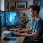 Jeune homme concentré sur son PC gaming dans un bureau moderne