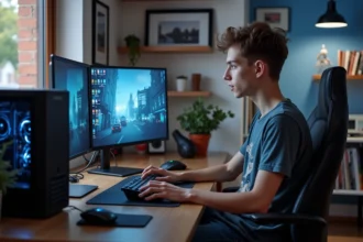 Jeune homme concentré sur son PC gaming dans un bureau moderne