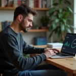 Jeune homme concentré devant son ordinateur portable en intérieur