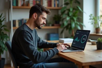 Jeune homme concentré devant son ordinateur portable en intérieur