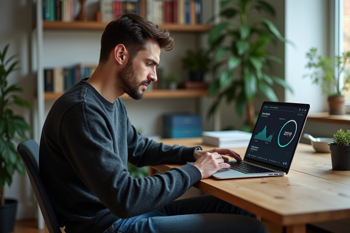 Jeune homme concentré devant son ordinateur portable en intérieur