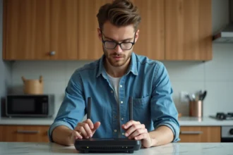Jeune homme regardant un routeur dans une cuisine moderne