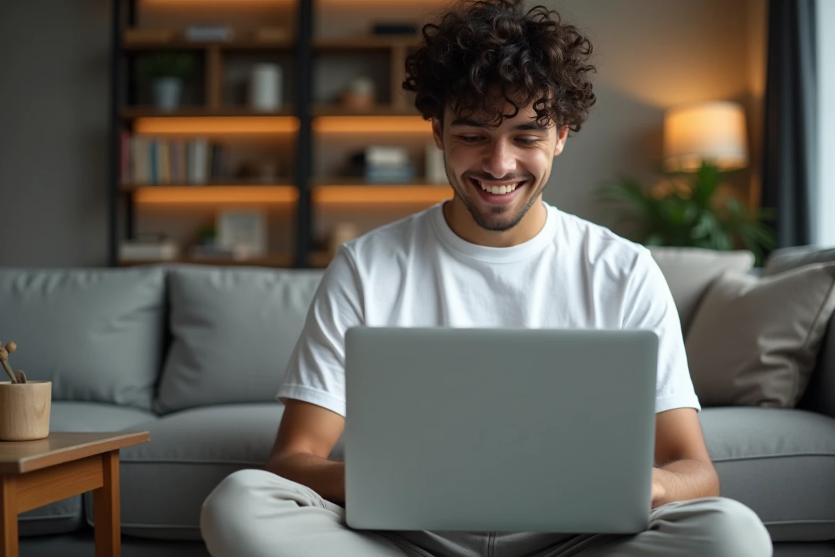 Jeune personne assise sur un canapé tentant de supprimer une page blanche en trop dans un document Word sur son ordinateur portable
