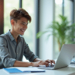 Jeune professionnel souriant utilisant un laptop dans un bureau lumineux