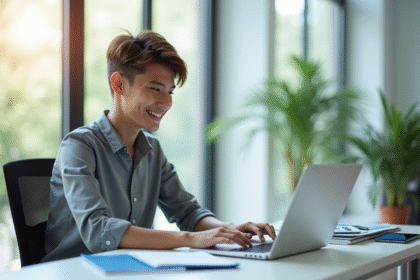 Jeune professionnel souriant utilisant un laptop dans un bureau lumineux