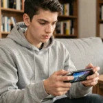 Jeune homme jouant sur une console portable Sony PlayStation dans un salon moderne, concentré sur l'écran en tenant la manette des deux mains