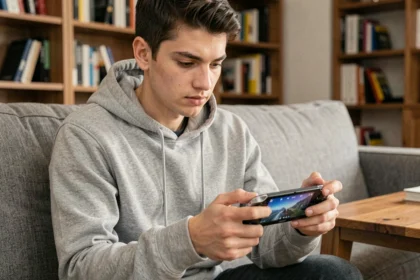Jeune homme jouant sur une console portable Sony PlayStation dans un salon moderne, concentré sur l'écran en tenant la manette des deux mains