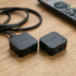 Kit transmetteur HDMI 4K sans fil composé d'un émetteur et récepteur matte-noir posés sur un bureau en bois minimaliste