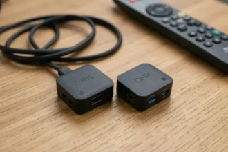 Kit transmetteur HDMI 4K sans fil composé d'un émetteur et récepteur matte-noir posés sur un bureau en bois minimaliste