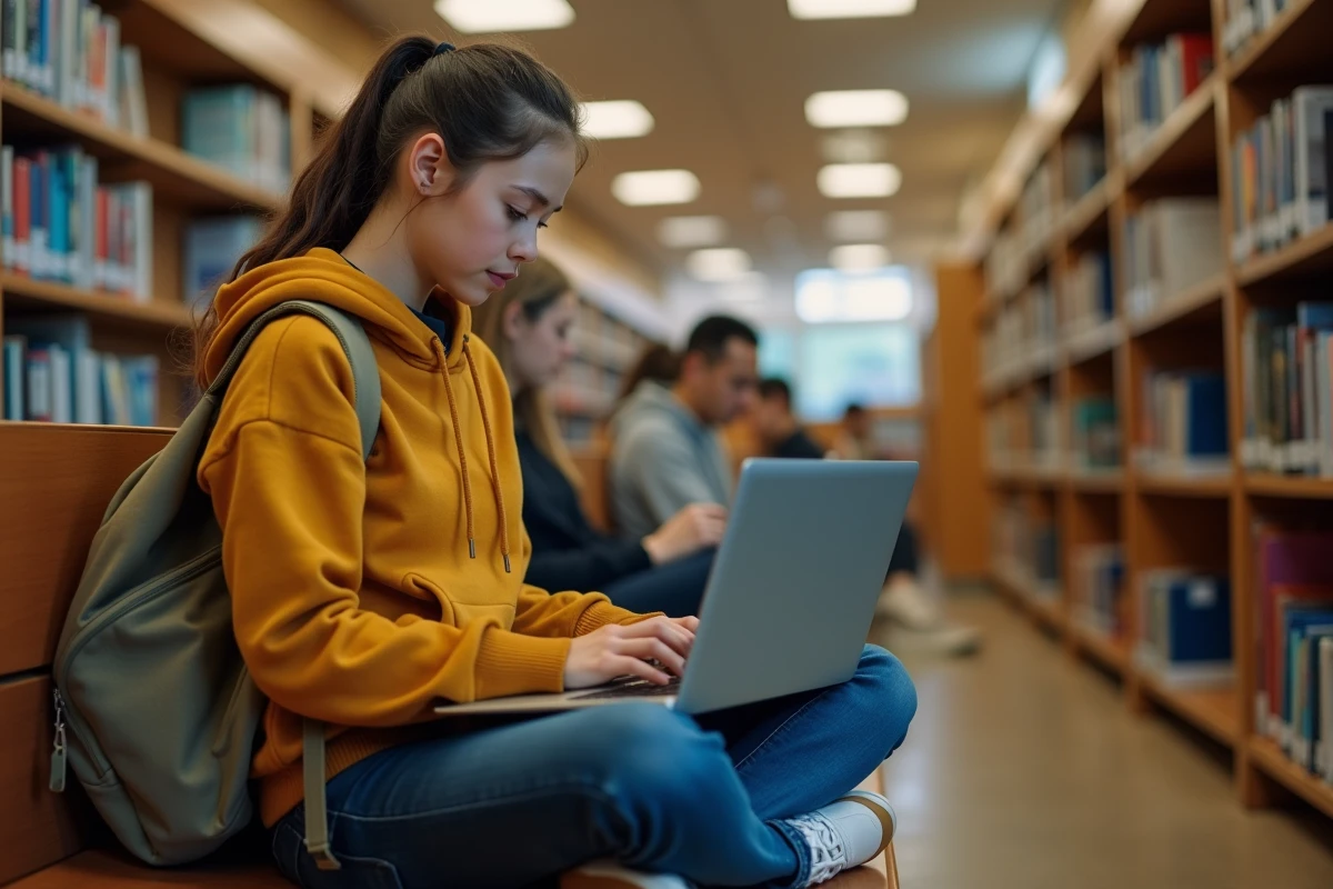 Lycéenne accédant à sa messagerie académique mail ac Versailles depuis un ordinateur portable dans une bibliothèque scolaire