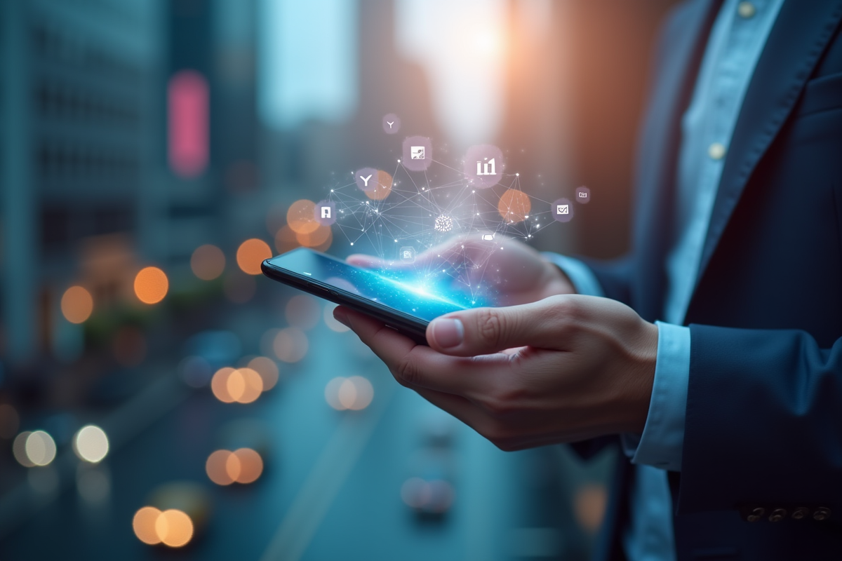 Main tenant un smartphone avec ville moderne et icônes sociales flottantes