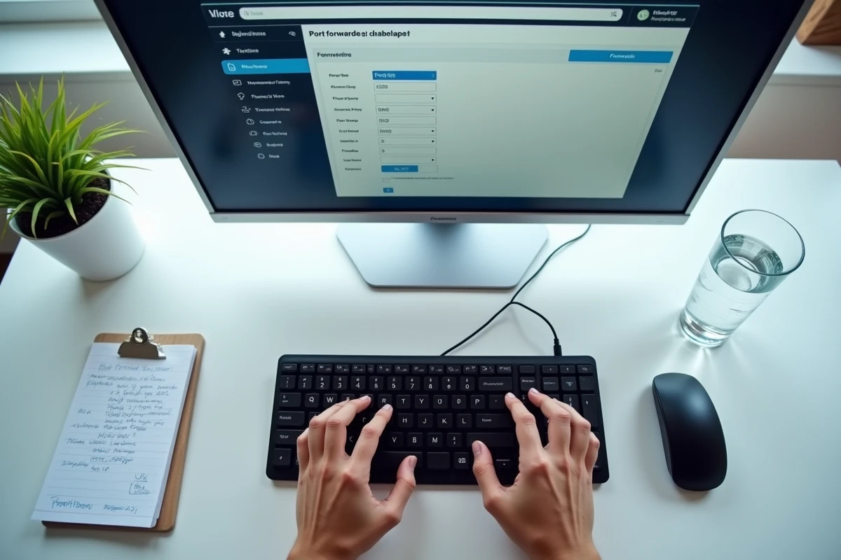 Vue de dessus des mains configurant les règles de redirection de ports sur l'interface d'administration de la Freebox