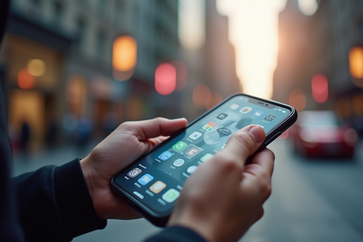 Mains tenant un smartphone avec realite augmentee en ville