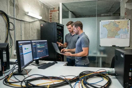 Techniciens informatiques dans un bureau moderne représentant les sociétés de maintenance informatique dans la Somme