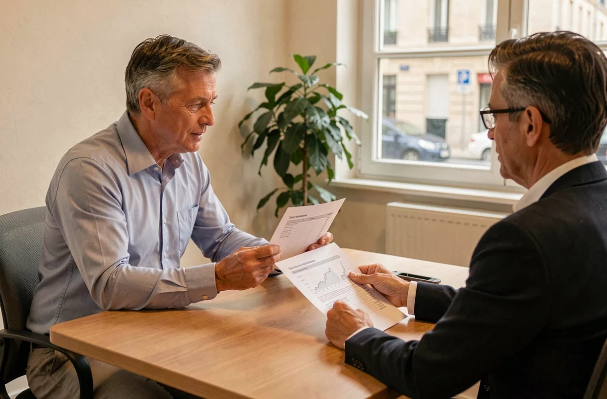 Consultant de Méderi Consulting analysant un rapport d'audit informatique avec un chef d'entreprise
