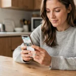 Mère consultant l'application ENT77 sur son smartphone pour suivre la scolarité de son enfant depuis la cuisine