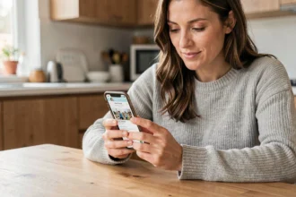 Mère consultant l'application ENT77 sur son smartphone pour suivre la scolarité de son enfant depuis la cuisine