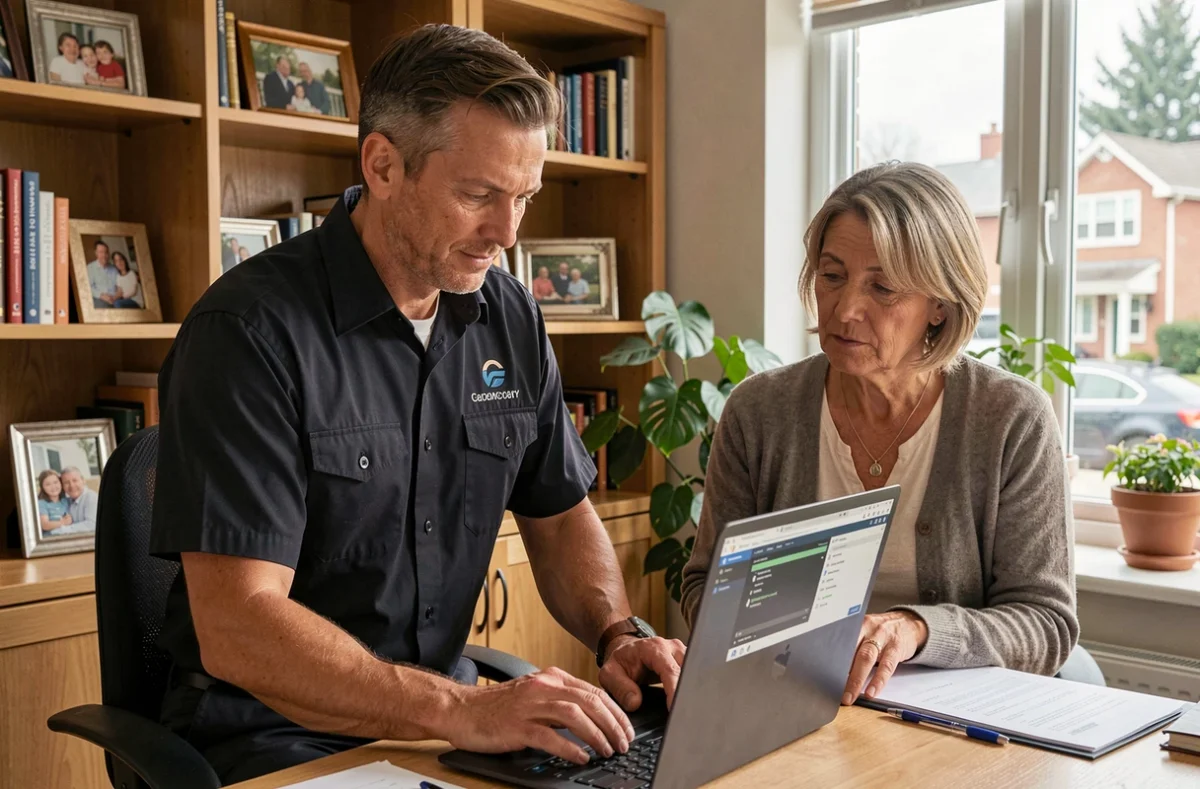 Technicien Mil Services Informatique effectuant un diagnostic sur ordinateur portable chez un client à domicile