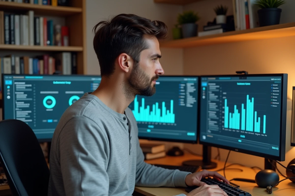 Homme travaillant sur un tableau de bord de mise à jour logicielle avec deux écrans dans un bureau à domicile, représentant les mises à jour et le fonctionnement d'Idivov 2026